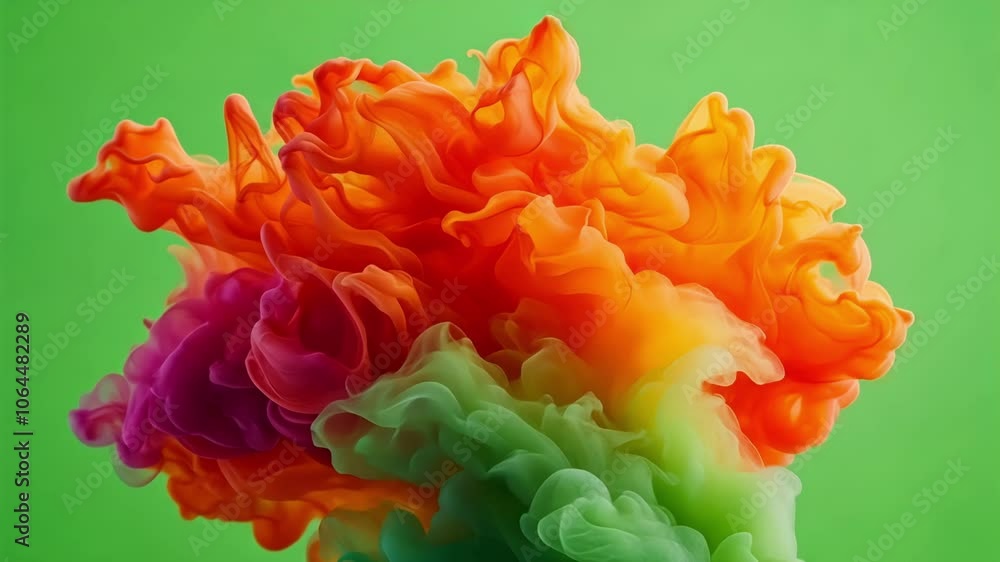 Poster acrylic paint mixing in water, creating abstract shapes and textures on solid color background, perf