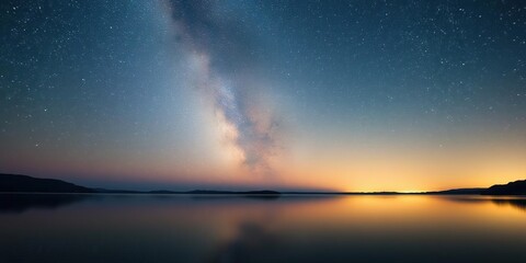 A serene and peaceful landscape with a vast expanse of stars stretching across the sky, reflected in a tranquil lake or pool of water., mystery, lake