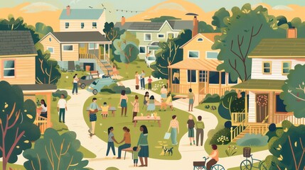 Co-housing communities promoting shared living, cooperation, and sustainability. Illustrations