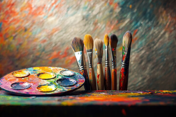 Fototapeta premium Colorful paint palette and well used brushes create vibrant artistic scene, showcasing creativity and passion for painting. lively colors evoke inspiration and artistic expression