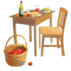 Picnic table with basket and drink on it