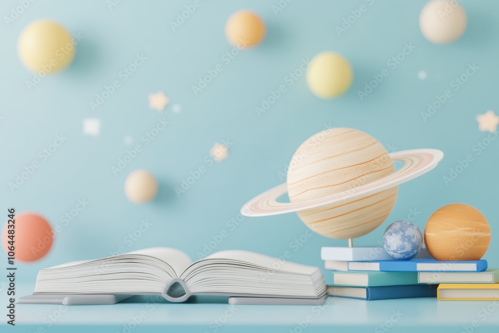 Poster the cosmos of knowledge: an open book, a stack of colorful books, and a 3d model of saturn with its 