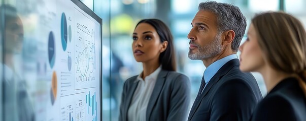 Three professionals engage with a data presentation, showcasing insights in an office environment.