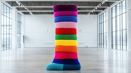 A giant sock sculpture in an urban art gallery, spotlighted, side view, vibrant colors