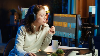 Photo editor editing images lighting and color balance, delivering visually appealing final...