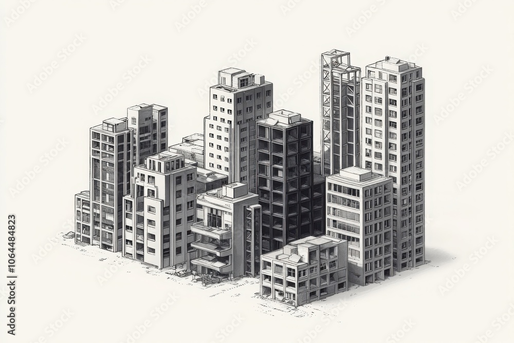 Poster detailed illustrations of architectural building blocks showcasing urban design and structure variat