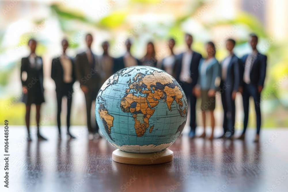 Poster globalization concept image with a multicultural business team around a earth globe