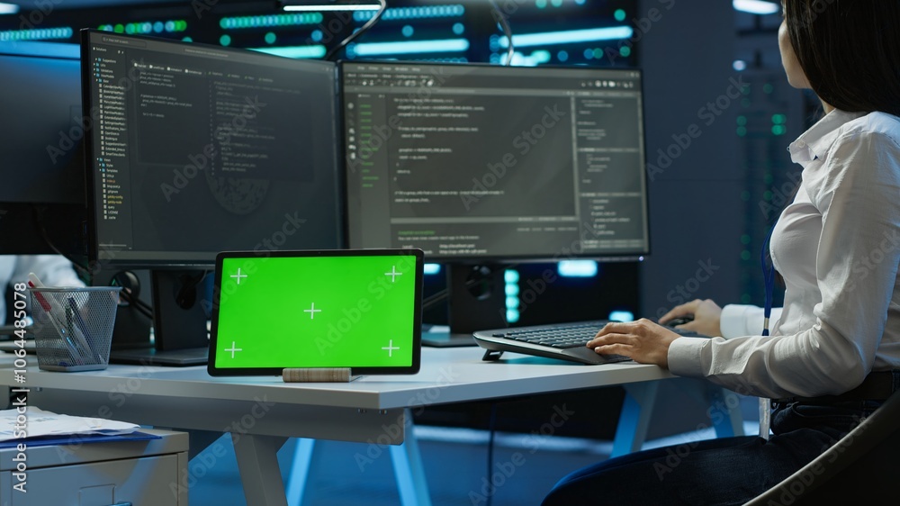 Poster data center developer responsible for installation of networking equipment solving tasks on green sc