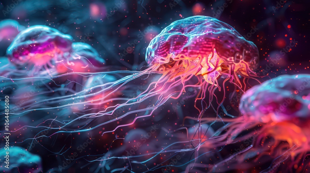 Poster digital artists using neural networks as inspiration for futuristic, abstract designs.
