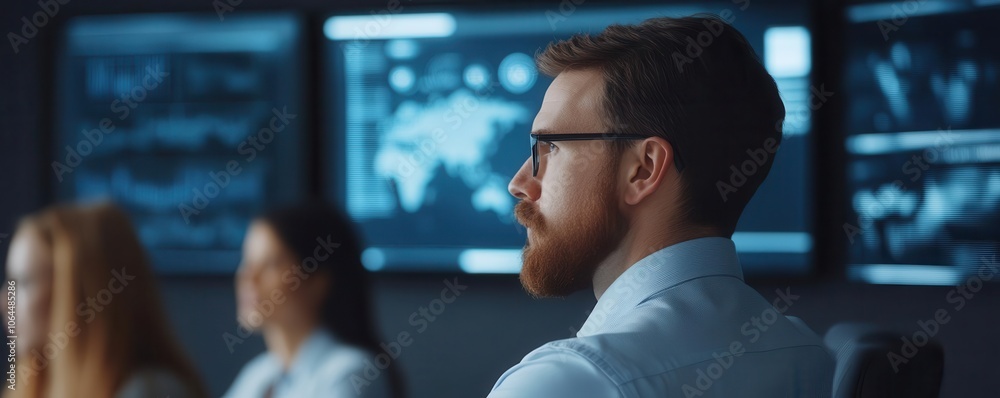 Poster a focused man in a control room observes multiple screens displaying data, while colleagues are enga