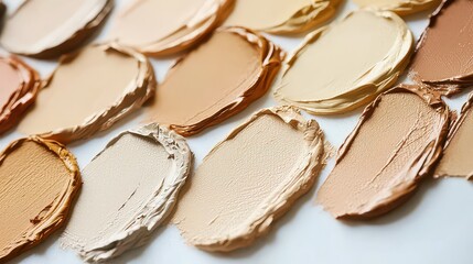 Foundation swatches in various skin tones on a white surface.