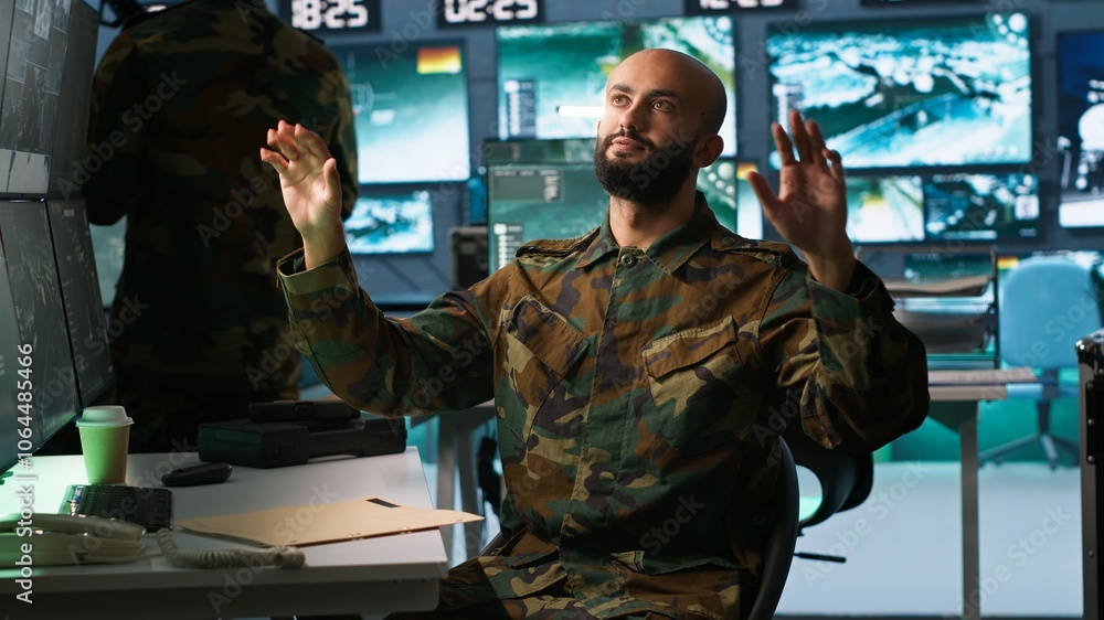 Poster military agent using augmented reality tech in control room, analyzing aerial reconnaissance data. i
