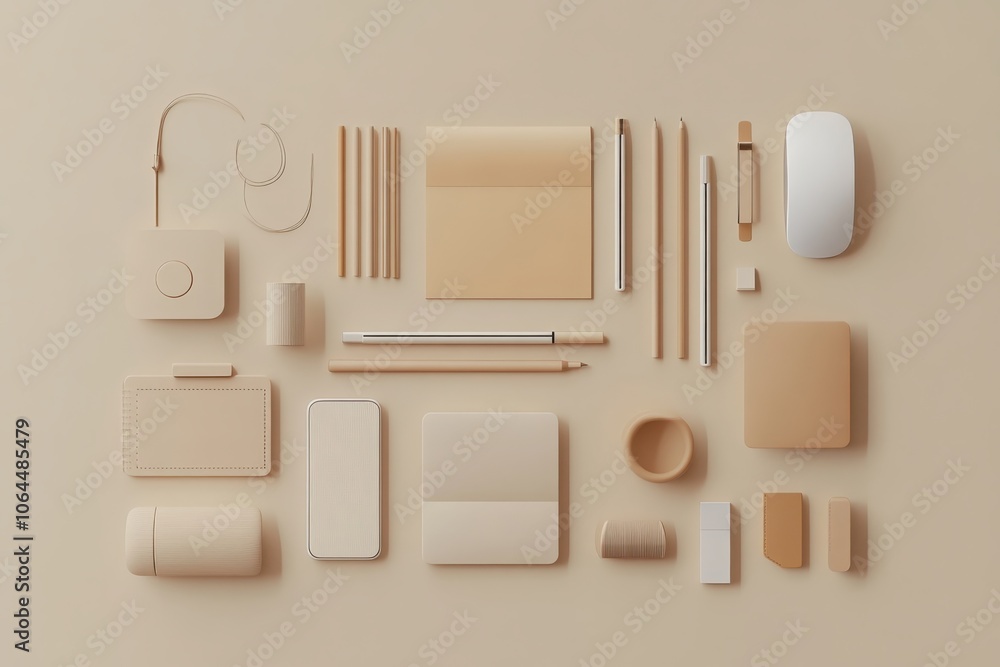 Poster essential minimalist workspace items neatly arranged in a style for optimal productivity and aesthet