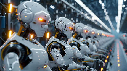 Fototapeta premium humanoid robots working on a car factory
