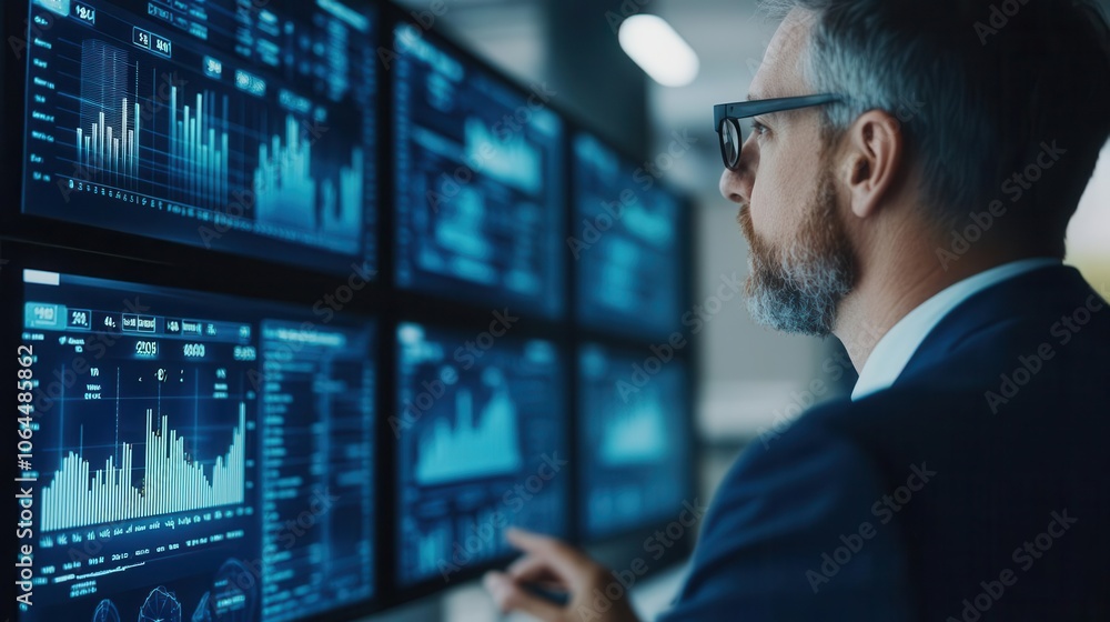 Poster a professional analyzing financial data on multiple screens, showcasing various graphs and statistic