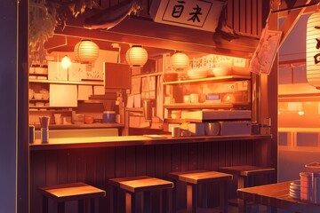 Quiet ramen stall with wooden benches, soft glow of lanterns, and inviting warmth, Generative AI