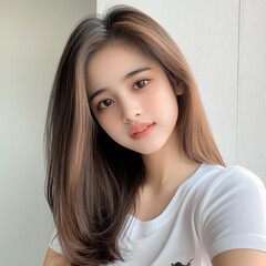Naklejka premium Beautiful Young Woman with Long Hair and Natural Makeup