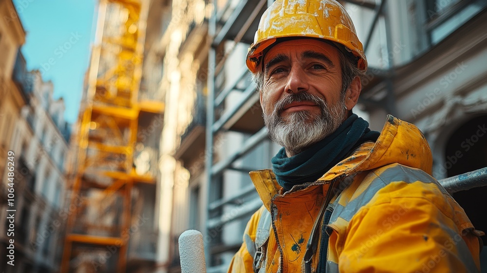Poster a smiling construction worker wearing a yellow hard hat and reflective jacket sits on scaffolding in