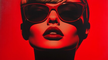 Close-up portrait of a woman in sunglasses against a red background.