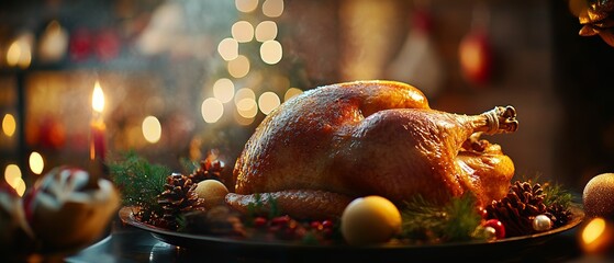A golden-brown festive turkey roasting in the oven, filling the air with delicious holiday aromas, perfect for a cozy Christmas or Thanksgiving celebration. 