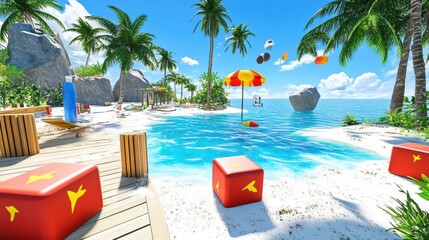 A refreshing cocktail with crushed ice and vibrant garnishes, set on a beach bar, evoking a tropical getaway vibe.