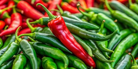 Detailed tilt-shift image of fresh green and red chilies.