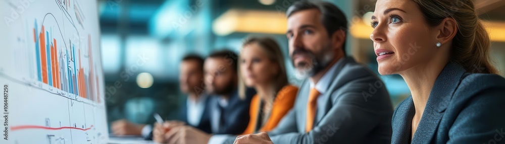 Poster a focused business team analyzes data displayed on a screen during a meeting in a modern office envi