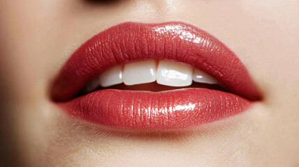 Fototapeta premium Luscious red lips with glossy finish, showcasing perfect smile and healthy teeth. vibrant color enhances beauty and allure of lips, creating inviting look