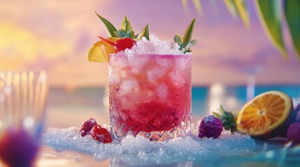 A refreshing cocktail with crushed ice and vibrant garnishes, set on a beach bar, evoking a tropical getaway vibe.