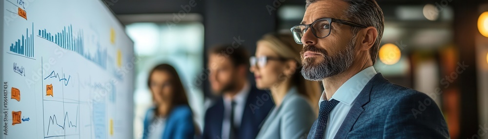 Poster a business team observes a presentation in a modern office setting, focusing intently on the visual 