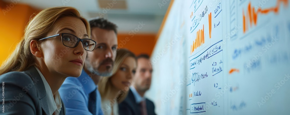 Poster a group of professionals attentively observes a presentation with charts and graphs in a modern work