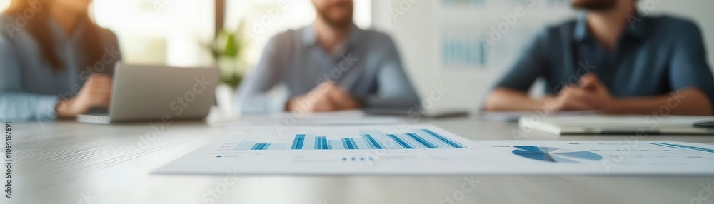 Poster a team reviewing data presentations at a table, with reports and graphs displayed prominently in a p