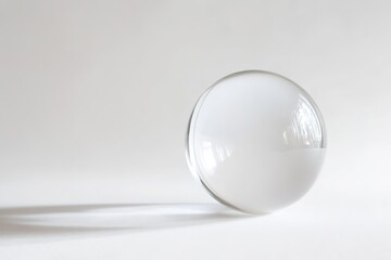 Clear glass sphere on white reflecting surface with shadow
