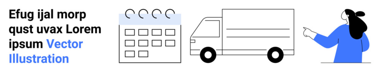 Person pointing at calendar and delivery truck, suggesting scheduling and logistics. Ideal for business planning, logistics, delivery services, scheduling apps, time management, e-commerce, project