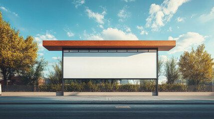 Obraz premium blank horizontal billboard stands prominently against clear blue sky, surrounded by lush greenery and trees. modern design features wooden top, creating striking visual appeal