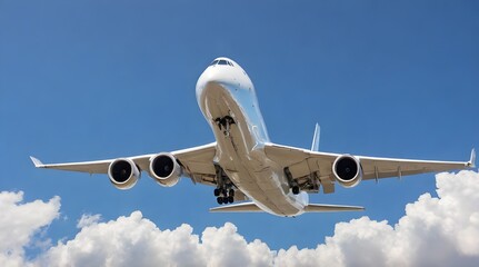 Looking up at a large jet aeroplane against a blue sky.generative.ai
