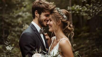 Romantic Wedding Couple in a Forest Setting