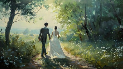 Romantic Wedding Couple Walking Through a Forest Path