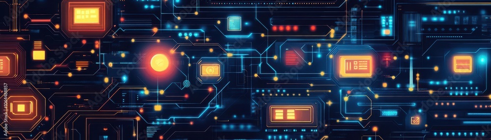 Poster a vibrant, abstract representation of a digital circuit board, showcasing colorful lights and intric