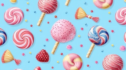 A pastel blue background embellished with rainbow-colored candies and lollipops, providing an inviting space for promotional messages.