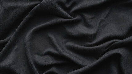Fototapeta premium Soft black fabric draped elegantly, showcasing its smooth texture and subtle folds. rich color and gentle waves create sense of depth and luxury