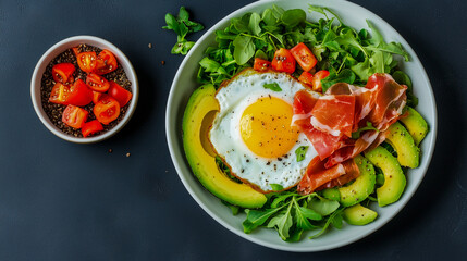 Top down view of a keto brunch spread featuring a fried egg prosciutto avocado and salad on a ketogenic and paleo diet This image includes copy space 