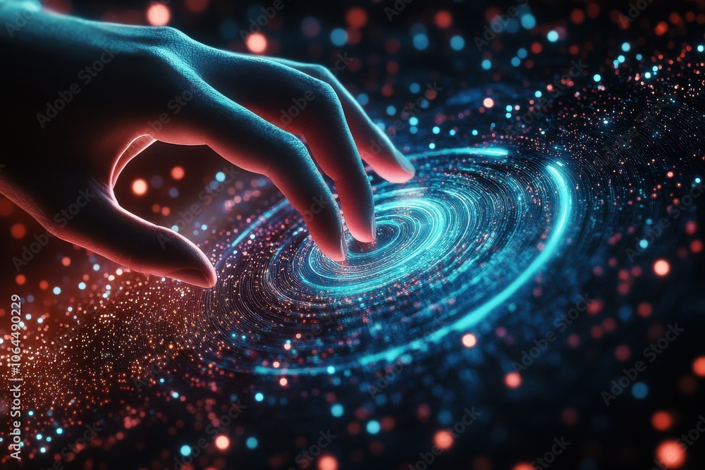 Poster hand touching a spinning data flow, data flow processing visualization background