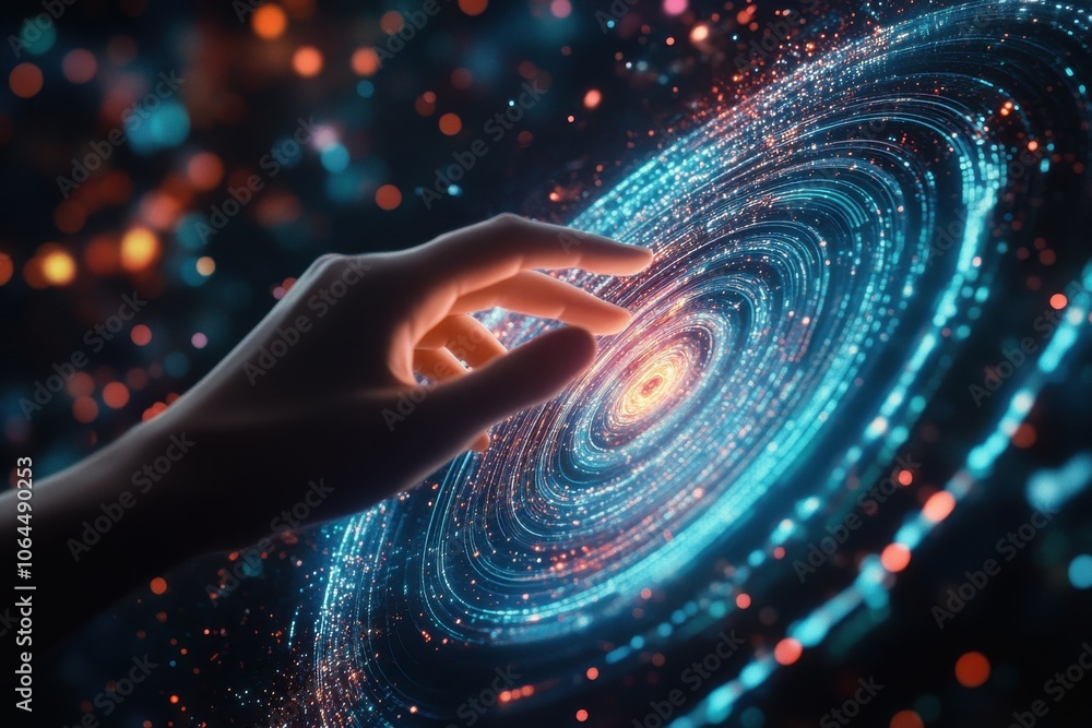 Poster hand touching a spinning data flow, data flow processing visualization background