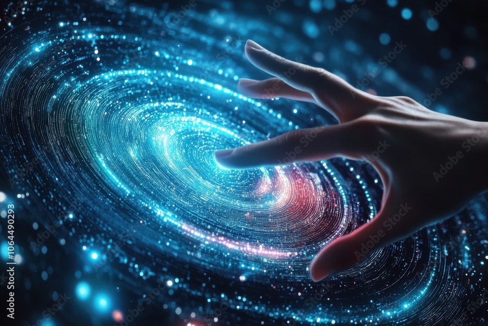 Poster hand touching a spinning data flow, data flow processing visualization background