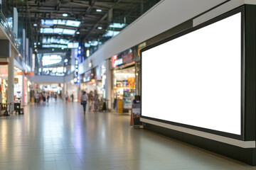 Fototapeta premium Empty advertising billboard in modern indoor shopping mall, showcasing blank space for promotional content. mall features various shops and spacious layout, creating vibrant atmosphere
