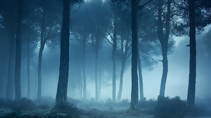 Fototapeta premium A misty forest with tall pine trees reaching into the sky.