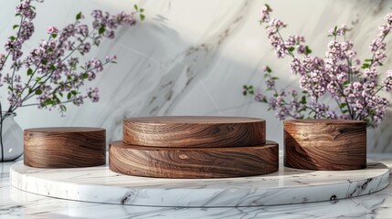 A wooden stand with three round pieces of wood on top of it. Generative AI