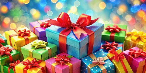 Obraz premium Colorful Gift Boxes with Red Bows for Holiday Celebrations and Events