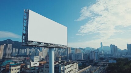 An empty white billboard mounted on a tall steel pole with blue sky and cityscape backdrop, perfect for commercial use.